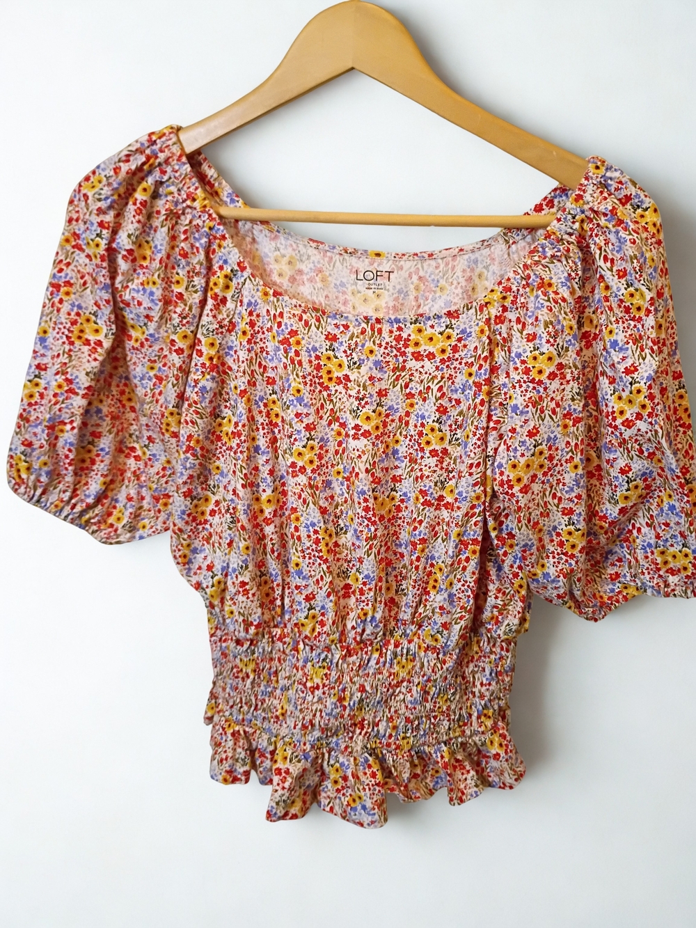 LOFT Floral Garden Smocked Waist Peasant Top Square Neck Size Medium